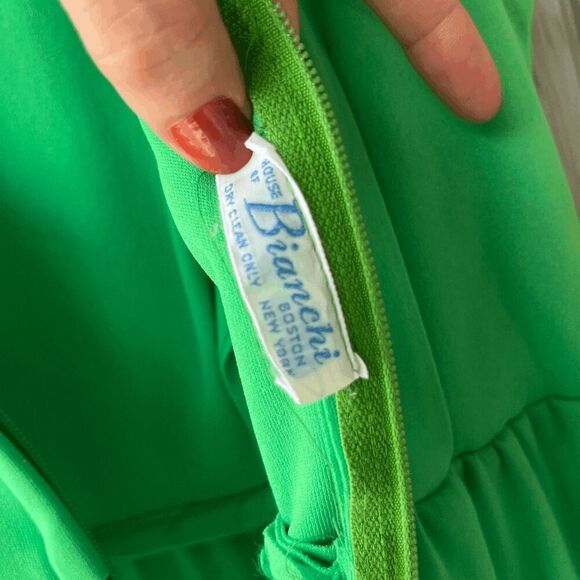 Vintage 60s/70s House of Bianchi Green Maxi Dress M/L Keyhole Back Mod Ruffle He - Picture 2 of 5